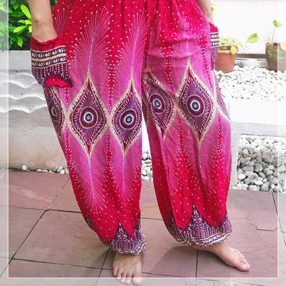 Harem Boho Yoga Hippie Lounge Peacock Print Smocked Baggy Pants Size Small - Picture 1 of 7